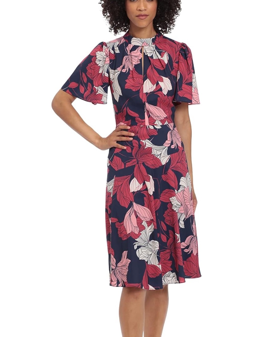 Maggy London Banded Mock Neck Fit & Flare Floral Midi Dress